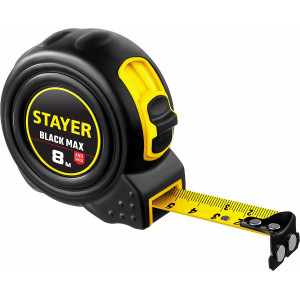 STAYER BlackMax 8м / 25мм рулетка в ударостойком полностью обрезиненном корпусе и двумя фиксаторами