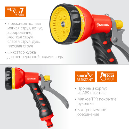 GRINDA T-7, 7 режимов, курок сзади, пистолет поливочный, пластиковый с TPR