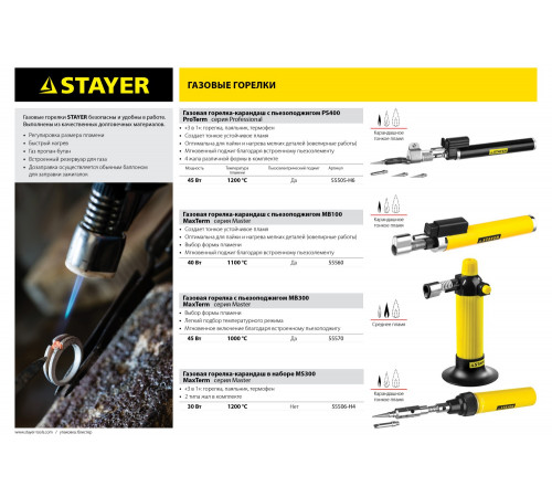 Газовый паяльник STAYER MS300, набор 4-в-1, 40 Вт, горелка, фен, 1200°С