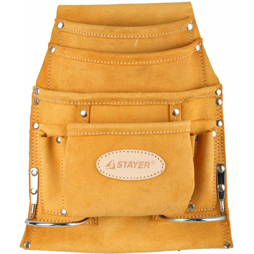 Сумка поясная STAYER PROFESSIONAL для инструментов, кожаная, 10 карманов, 2 скобы