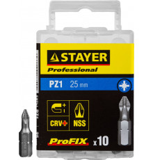 Биты STAYER ″PROFESSIONAL″ ProFix Pozidriv, тип хвостовика C 1/4″, № 1, L=25мм, 10шт