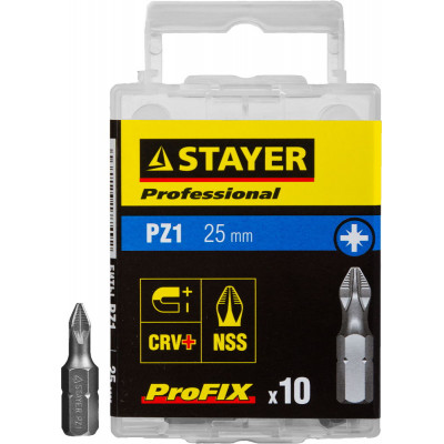 Биты STAYER ″PROFESSIONAL″ ProFix Pozidriv, тип хвостовика C 1/4″, № 1, L=25мм, 10шт