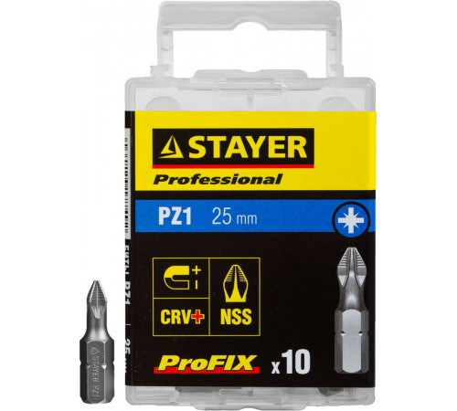 Биты STAYER ″PROFESSIONAL″ ProFix Pozidriv, тип хвостовика C 1/4″, № 1, L=25мм, 10шт