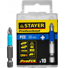 Биты STAYER ″PROFESSIONAL″ ProFix Pozidriv, тип хвостовика E 1/4″, № 2, L=50мм, 10шт