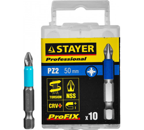 Биты STAYER ″PROFESSIONAL″ ProFix Pozidriv, тип хвостовика E 1/4″, № 2, L=50мм, 10шт