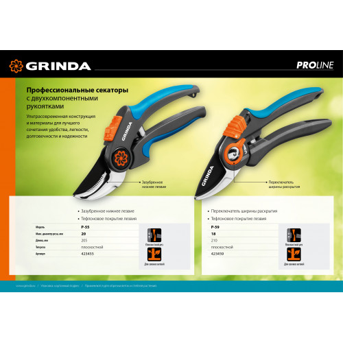 P-55 Секатор с двухкомпонентными рукоятками, плоскостной, 205 мм, GRINDA PROLine