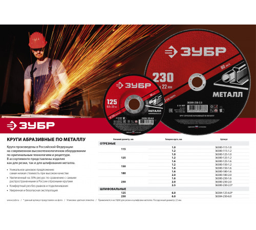 Круг отрезной абразивный по металлу, для УШМ, 125 x 1,6 x 22,2 мм, ЗУБР Мастер