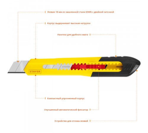 Нож из АБС пластика QUICK-18, сегмент. лезвия 18 мм, STAYER