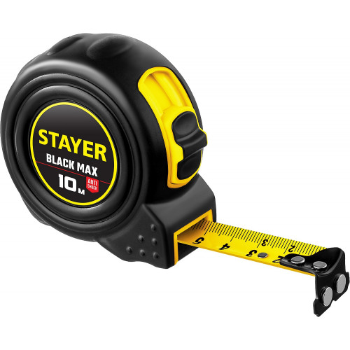 STAYER BlackMax 10м / 25мм рулетка в ударостойком полностью обрезиненном корпусе и двумя фиксаторами