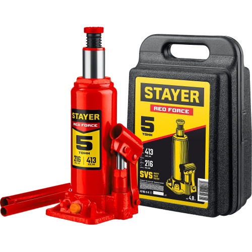 STAYER RED FORCE 5т 216-413мм домкрат бутылочный гидравлический в кейсе