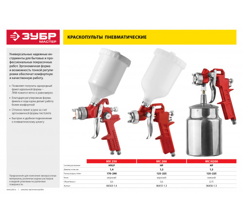 Краскопульт пневматический ЗУБР МХ 250 c верхним бачком, 1.4мм