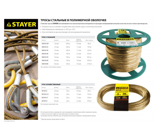 Трос стальной в полимерной оболочке, d=2,5 мм, L=200 м, STAYER