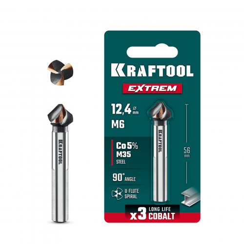 KRAFTOOL EXTREME Со5-А, d 12.4 х 56 мм, сталь M35, U-образная спираль, для раззенковки М6, Конусный зенкер (29734-6)